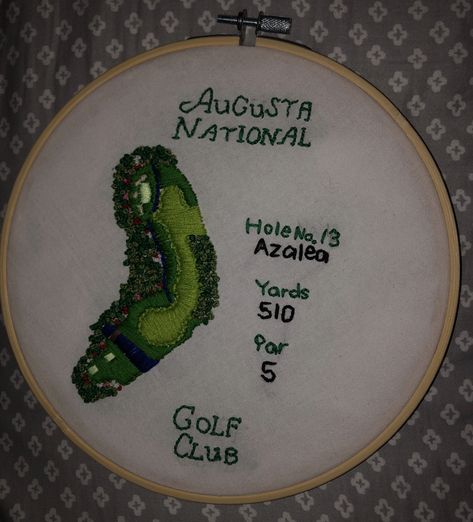 Handmade embroidery of a hole from Augusta National Golf Club. Hole 13. Aerial view. Golf Embroidery Designs, Golf Embroidery, Augusta National Golf Club, Chain Stitch Embroidery, Blackwork Embroidery, Augusta National, Hardanger Embroidery, Types Of Embroidery, Crewel Embroidery