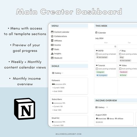NEW for Notion ✨🎧💡 A template made for aspiring (and established) content creators 💌 What’s inside: - Creator dashboard with an easy access menu, goals preview, content calendar, and monthly income overview - Content calendar (Monthly + Weekly view) with templates for video, blog, and image posts for all platforms (Instagram, TikTok, YouTube, etc.) - Collaboration tracker - Affiliates tracker - Platform insights - Income tracker - Goal tracker - Media kit template that you can share with br... Blog Media Kit, Income Tracker, Media Kit Template, Monthly Income, Calendar Monthly, Content Calendar, Video Blog, Goal Tracker, Content Calendars