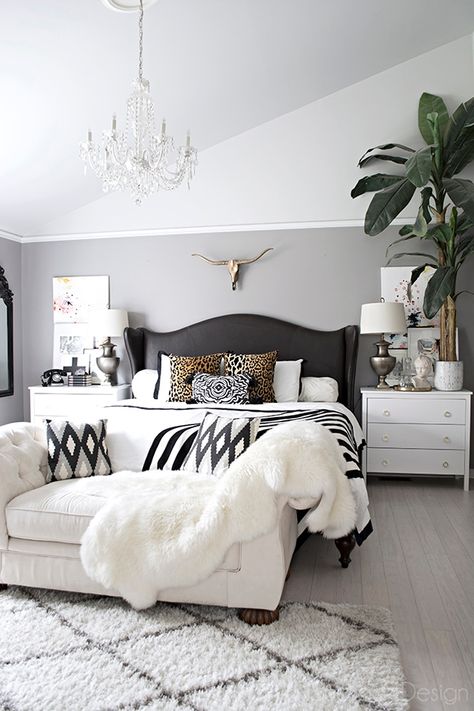 neutral eclectic home tour with black and white accents and a mix of patterns and texture | grey wingback chair | midcentury modern ivory leather sofa White And Black Bedroom, White Bedroom Furniture, Black Bedroom, Neutral Bedroom, Bedroom Black, Gray Bedroom, Trendy Bedroom, Bed Sets, Bedroom Paint