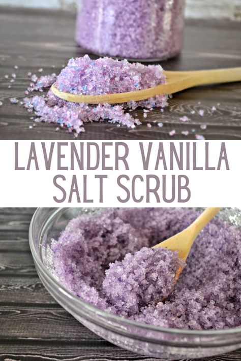 How To Make Lavender Bath Salts, Diy Bath Scrubbies, Lavender Salt Scrub, Salt Hand Scrub Diy Recipes, Lavender Salt Scrub Diy, Salt Scrubs Homemade, Diy Sea Salt Scrub, Diy Salt Scrub Recipe Homemade, Lavender Sugar Scrub Recipe