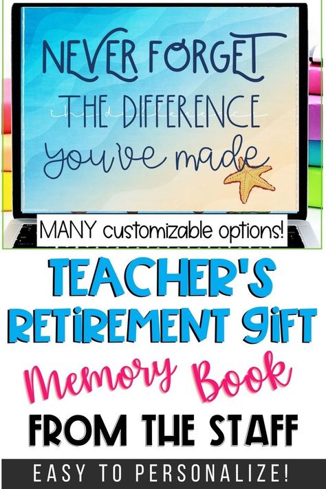 This beautiful retirement gift for a teacher is the perfect way to say goodbye and congratulations. A watercolor memory book filled with staff memories will be sure to impress any retiree! Teacher Retirement Poster Ideas, Teacher Retirement Scrapbook Page Ideas, Cricut Retirement Projects, Teacher Leaving Gift From Staff, Teacher Retirement Ideas From Students, Teacher Retirement Countdown Ideas, Retirement For Teachers Ideas, Retiring Teacher Quotes, Scrapbook Ideas For Retirement