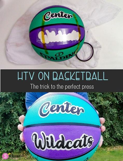 Applying HTV to a basketball is super simple and allows you to personalize it for a team or players! You just are going to ditch a certain part of your normal routine when it comes to applying HTV. Come check out the tutorial to find out how to get this done! Basketball Project, Heat Transfer Vinyl Tutorial, Basketball Crafts, Heat Transfer Vinyl Shirts, Diy Basketball, Vinyl Projects Silhouette, Heat Transfer Vinyl Projects, Silhouette School Blog, Basketball Silhouette