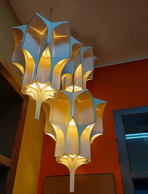 Designing a chandelier inspired by traditional Muqarna (3D islamic geometry). By Architect Mahek Khan Islamic Lighting Design, Islamic Chandelier, Masjid Interior, Islamic Lamp, Chinese Lanterns Diy, Turkish Lanterns, Pakistan Street, Islamic Geometric Pattern, Islamic Ornament