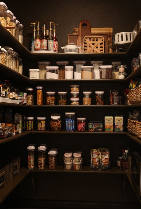 Our Rich Brown Pantry Makeover! - Chris Loves Julia Black Pantry Walls, Van Dyke Brown Sherwin Williams, Pantry Paint Ideas, Staircase Closet, Pretty Pantry, Dark Brown Kitchen, Painted Pantry, Dream Pantry, Pantry Shelves