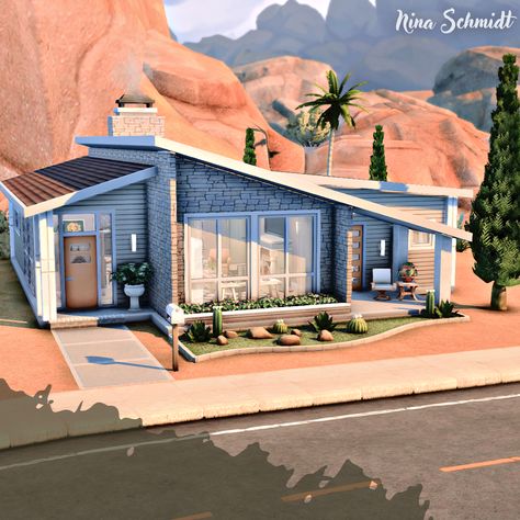 Oasis Springs Sims 4 House, Sims Family, Sims Lots, Sims 4 Houses Layout, Oasis Springs, Cozy Gamer, Sims 4 Challenges, Midcentury House, Building Inspiration