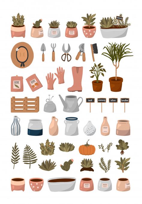 Gardening Cartoon, Gardening Tools Illustration, Planner Illustration, Garden Cartoon, Goodnotes Elements, Gardening Illustration, Spring Elements, Gardening Drawing, Spring Vector