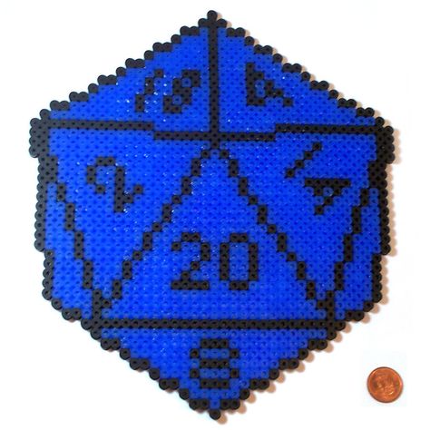 Sprited myself using a picture I had of a d20 facing forward! It's 7.5" wide and ~9" tall. Designed to be a wall hanging, but it would be an epic placemat for your developing nerdling! Nerdy Perler Beads, Perler Pattern, Geeky Cross Stitch, Geek Diy, Perler Projects, Nerd Crafts, Perler Ideas, Easy Perler Beads Ideas, Stitch Sampler