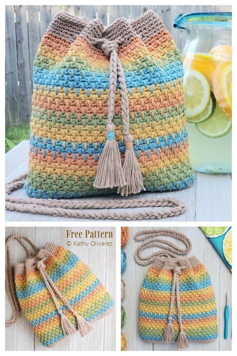 Crochet Bag Pattern Free Easy Handbags, Crochet Drawstring Bag Pattern Free, Crochet Purses And Bags Patterns Free, Crochet Gift Bag, Free Crochet Bag Patterns, Bucket Bag Pattern, Crochet Drawstring Bag, Drawstring Bag Pattern, Free Crochet Bag