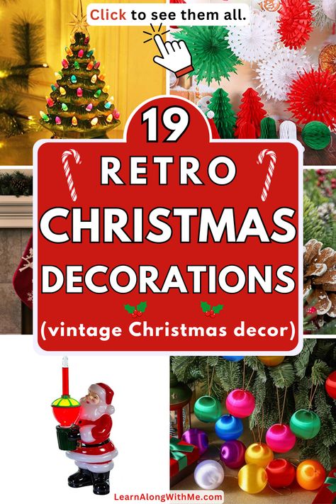 🎅 Dreaming of a vintage Christmas? Check out these vintage Christmas decor ideas.  Such as flocked pinecones, ceramic tabletop trees, and satin ball ornaments – everything you need for a holiday that stimulates nostalgic memories of Christmas past.   Click to see all the vintage Christmas decorations  and bring a bit of the past into your festive decor this year! 🎄  If you want that vintage Christmas aesthetic, you'll want to check this out. Pop Art Christmas Decorations, Retro Christmas Tree Decorations, 90s Christmas Decor, Christmas Tree Decorations Diy Kids, Flocked Pinecones, Mid Century Modern Christmas Decor, Mcm Christmas Decor, Vintage Christmas Decorations 1950s, 1970 Christmas