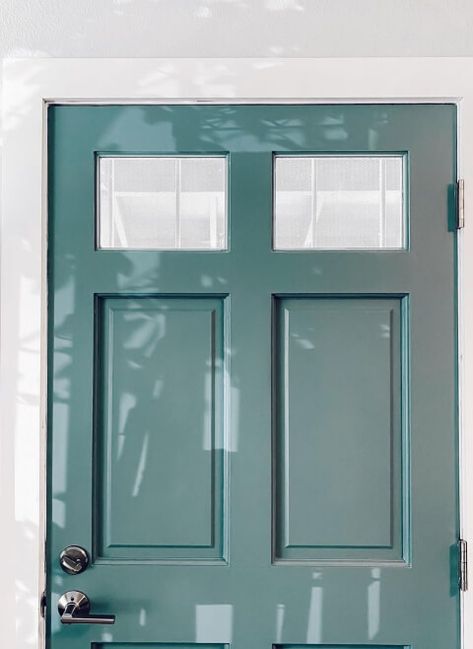 Benjamin Moore Aegean Teal Review and Dupes (Updated for 2022!) - Mod & Mood Blue Door Gray House, Sherwin Williams Foggy Day, Benjamin Moore Aegean Teal, Aegean Teal, Teal Front Doors, Teal Door, Wythe Blue, Coastal Paint Colors, House Paint Color Combination