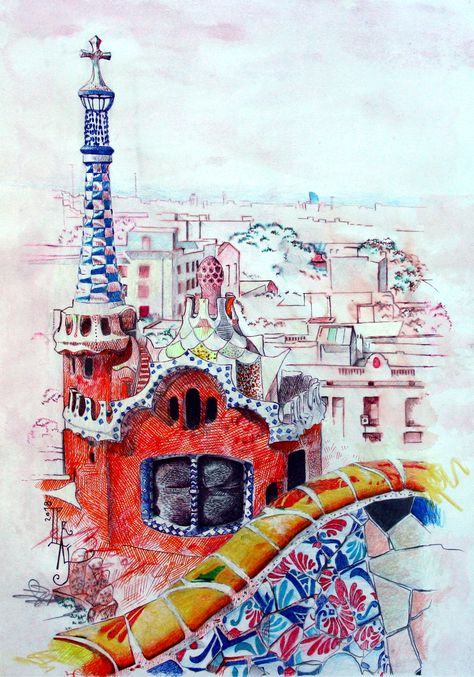 Gothic Watercolor, Parque Guell, Gaudi Art, Parc Guell, Antonio Gaudí, Architecture Sketchbook, Antoni Gaudi, Architecture Illustration, Watercolor Sketch