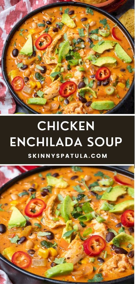 Chicken Enchilada Soup – Skinny Spatula Enchilada Soup Crockpot, Gluten Free Chicken Enchiladas, Chicken Enchilada Soup Crock Pot, Healthy Chicken Enchiladas, Enchilada Soup Recipe, Creamy Chicken Enchiladas, Homemade Soup Recipe, Chicken Enchilada Soup, Enchilada Soup