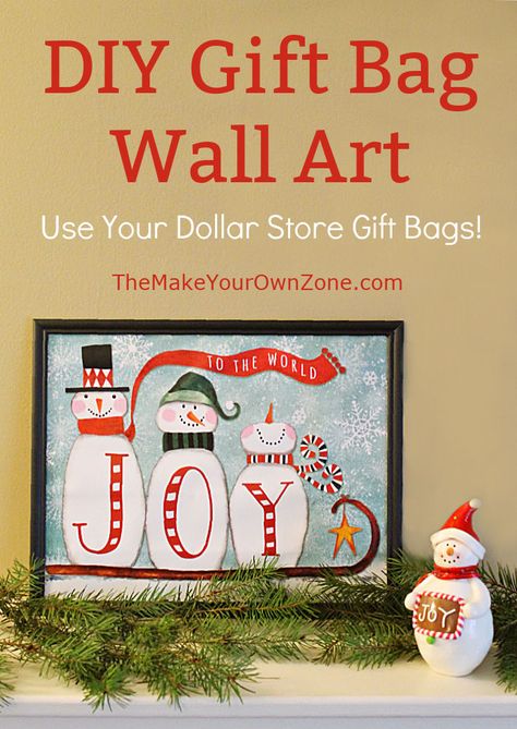 DIY Gift Bag Wall Art Gift Bags In Picture Frames, Gift Bag Pictures, Recycle Picture Frames, Christmas Gift Bag Picture Frame, Framed Gift Bags, Gift Bag Picture Frame, Dollar Tree Picture Frame Crafts, Gift Bag Wall Art, Gift Bag Decorating Ideas