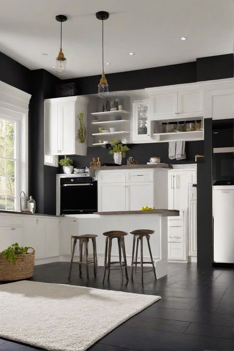 decorating interiors, interior bedroom design, designer wall paint, home paint colors White Walls Black Trim Kitchen, Black Walls White Cabinets, Black Wall Kitchen, Black Kitchen Walls, Black Walls Kitchen, White Gloss Cabinets, Black Painted Walls, Light Oak Floors, Charcoal Walls