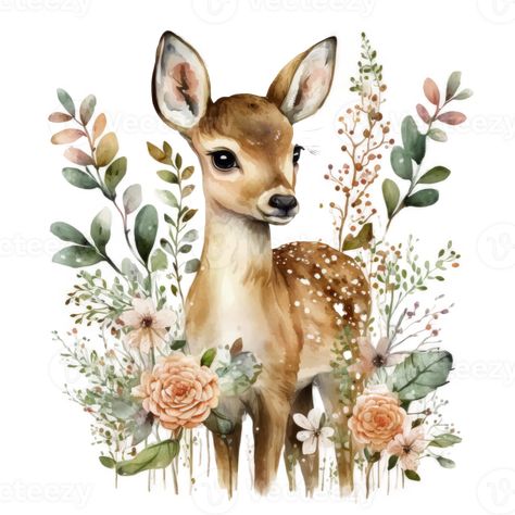 Deer Clip Art, Akvarel Illustration, Deer Flowers, Deer Png, Spring Png, Fall Stickers, Deer Species, Deer Design, Card Making Crafts