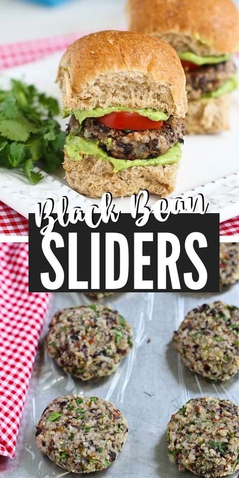 Black bean sliders with avocado sauce on a white plate. Black Bean Sliders, Vegetarian Sliders, Delicious Vegetarian Dinner, Easy Burgers, Creamy Avocado Sauce, Night Recipes, Dads Birthday, Meatless Recipes, Meatless Main Dishes