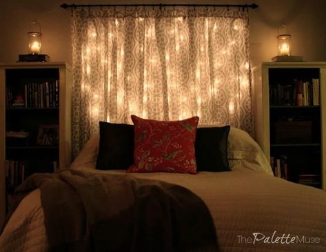 This lit headboard doubles as decoration and reading light. Find out how to make your own! Diy Headboard With Lights, Budget Bedroom Makeover, Farmhouse Headboard, Simple Headboard, Decor Apartment Ideas, How To Make Headboard, Headboard Diy, Head Boards, Rectangle Bedroom