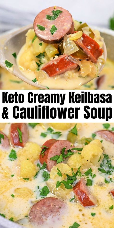 Keto Creamy Kielbasa and Cauliflower Soup #ketocreamykeilbasaandcauliflowersoup #creamykeilbasaandcauliflowersoup Creamy Kielbasa, High Protein Low Carb Recipes Dinner, Stylish Cravings, Veggie Soup Recipes, The Best Soup, Sausage Soup Recipes, Kielbasa Recipes, Creamy Cauliflower Soup, Best Soup