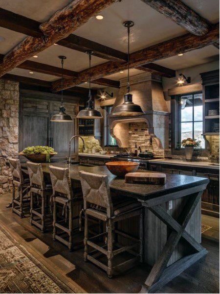 Top 60 Best Rustic Kitchen Ideas - Vintage Inspired Interior Designs Country Kitchen Dark Cabinets, Wood Home Interior, Western Houses, Dapur Rustic, Rustic Kitchen Ideas, Model Dapur, Rustic Kitchen Lighting, Interior Dapur, Rustic Kitchen Cabinets