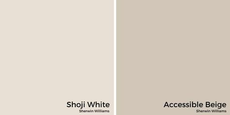 Shoji White by Sherwin Williams is a warm white with the perfect blend of grey and beige undertones, while still giving you all the brightness you need. Accessible Beige Paint Palette, Shoji White Trim Exterior, Shoji White With Accessible Beige, Shoji White Walls With Accessible Beige Trim, Shoji White Sherwin Williams Bathroom, Accessible Beige And Shoji White, Shoji White Vs Accessible Beige, Soji White Sherman Williams, Sherwin Williams Accessible Beige Cabinets