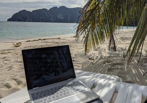 Working From Beach, Remote Work Aesthetic Travel, Digital Nomad Aesthetic, Thailand Lifestyle, Koh Phi Phi Thailand, Phi Phi Thailand, Best Airplane, Koh Phi Phi, Digital Nomad Life