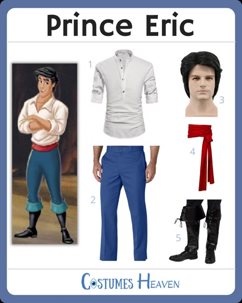 Prince Eric Halloween Costume, Disney Prince Outfits For Men, Prince Eric Disneybound, Prince Eric Cosplay, Diy Prince Eric Costume, Male Disney Characters Costumes, Ariel And Eric Halloween Costume, Diy Prince Costume, Prince Costume For Men