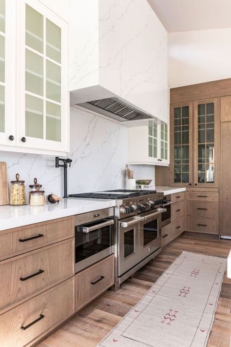 Project Reveal: Summit Creek KitchenBECKI OWENS Quartz Range Hood, Natural Wood Lower Cabinets White Upper, Range Hood Ideas Farmhouse, Quartz Hood, Stone Vent Hood, Range Hood Modern, Community Kitchen, Model Dapur, Kabinet Dapur