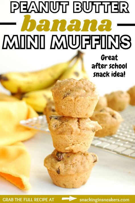 These peanut butter banana mini muffins make the perfect healthy after school snack recipe! They’re made with whole grain oat flour and sweetened lightly with maple syrup, giving them less added sugar than the average recipe. Plus, these are perfectly portioned mini muffins that satisfy anyone’s sweet tooth. Peanut Butter Mini Muffins, Mini Muffins Healthy, Banana Mini Muffins, Peanut Butter Muffins Recipes, Banana Oat Muffins Healthy, Banana Breakfast Recipes, Mini Muffin Recipe, Mini Banana Muffins, Toddler Muffins