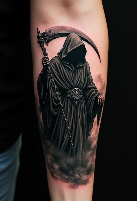 grim reaper tattoos Women Grim Reaper Tattoo, Dark Demonic Tattoos, Realistic Grim Reaper Tattoo, Helm Tattoo Design, Grim Reaper Tattoo Designs Drawings, Men Back Tattoos, Grim Reaper Silhouette, Grim Reaper Tattoo Designs, Reaper Tattoo Designs