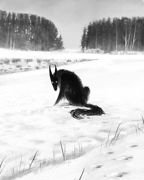 Black Dog Mythical Creature, Snow Art Aesthetic, Black Shuck Tattoo, Shadowy Figure Aesthetic, Black Shuck Aesthetic, Black Borzoi Aesthetic, Black Dog Myth, Black Shuck Art, Dark Animal Art