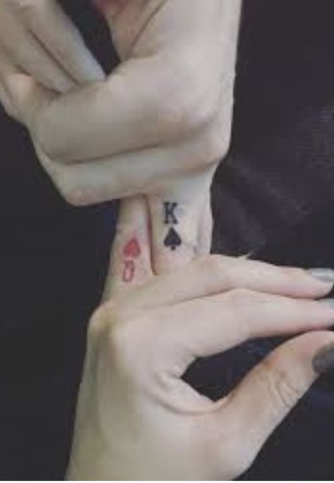 King And Queen Of Hearts Finger Tattoo, King And Queen Tattoo Hand, King Spades Tattoo, King Spade Tattoo, Queen And King Tattoo Couple Tat, King And Queen Finger Tattoo For Couples, Queen Of Ace Tattoo, Queen And King Of Hearts Tattoo, Ace And King Tattoo