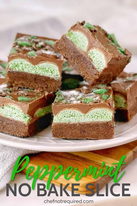 This peppermint slice is a great no bake treat! Packed with mint and chocolate flavours, this is a great afternoon tea treat that the kids can help with. Fun and easy, this slice is made with peppermint chocolate and aero bars and it's melt and mix so all you need is a microwave! #chefnotrequired #chocmint #peppermint Chocolate Traybake, Aero Bars, Peppermint Slice, No Bake Slices, Mint And Chocolate, Peppermint Treats, Peppermint Crisp, No Bake Recipe, Peppermint Chocolate