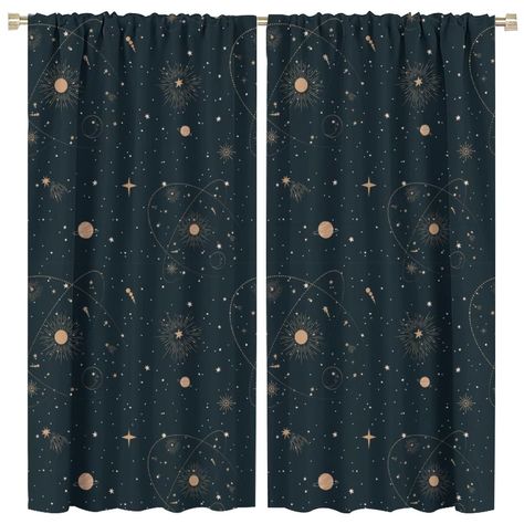 PRICES MAY VARY. ✵ Size✵: Please note that a package has two panels that together form a curtain. Single panel size: 42"(W)×84"(L). Two panel sizes: 84"(W)×84"(L). ✵ Material✵：The curtain is made of polyester fiber, which has a soft, skin-friendly feel and is durable. (Note: newly opened curtains may have certain wrinkles that will ease and disappear after hanging or ironing). ✵ Decorative Design✵：The curtain is in the form of a rod pocket, with a 3-inch hole above it that can be passed through Constellation Room Ideas, Astronomy Aesthetic Bedroom, Celestial Curtains, Starry Curtains, Curtains Bedroom Blackout, Blackout Blinds Bedroom, Space Curtains, Dark Nautical, Constellation Room