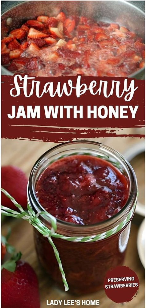 Strawberry jam with honey and strawberry recipes & preserving strawberries blend perfectly in this delightful recipe. Discover how to make jam without pectin, using just strawberries, honey, and chia seeds for a healthier twist. This easy-to-follow recipe is great for beginners and preserves the fresh flavors of summer beautifully. Find more fruit preserves, home canning recipes, and water bath canning recipes at ladyleeshome.com Homegrown Strawberry Recipes, Home Made Strawberry Jam, Strawberry Canning Recipes, Strawberry Jam Recipe Canning, Strawberry Jam With Honey, Healthy Strawberry Jam Recipe, Preserving Strawberries, Strawberry Jam Recipe With Honey, Strawberry Honey Jam