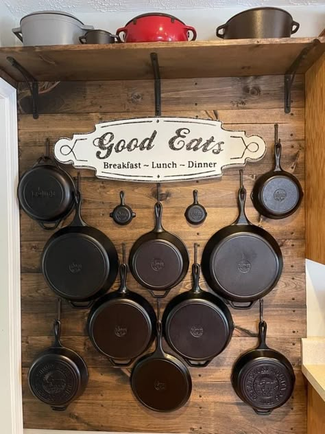 Cast Iron Skillet Storage Wall, Cast Iron Skillet Display Ideas, Cast Iron Holder, Cast Iron Display Ideas Kitchens, Cast Iron Storage Ideas Small Spaces, Iron Skillet Wall Display, Cast Iron Wall Storage, Cast Iron Skillet Storage Ideas, Cast Iron Wall Display