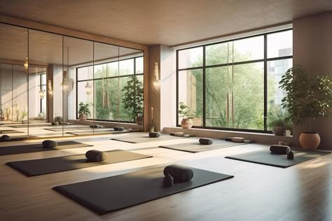 Photo bright yoga studio with equipment | Premium Photo #Freepik #photo Mini Yoga Studio, Yoga Studio No Windows, Yoga Class Interior Design, Yoga Centre Design Ideas, Yoga Room Architecture, Yoga Interior Design, Yoga Space Design, Outdoor Yoga Studio, Yoga Architecture Meditation Space