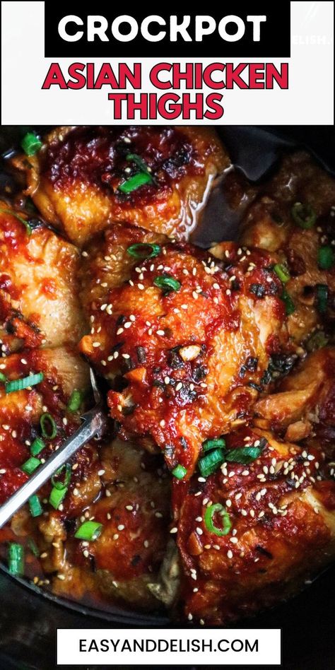 Crockpot Asian Chicken Thighs Recipe with a rich and delicious honey garlic soy sauce for Sunday suppers or weeknight dinners. #easydinners #crockpotrecipes #chickenrecipes #asianfood Crockpot Chicken Recipes Asian Simple, Asian Chicken In Crockpot, Healthy Asian Crockpot Recipes, Sticky Asian Chicken Thighs, Rock Pot Chicken Thighs, Asian Chicken Thighs Crockpot, Soy Sauce Chicken Crock Pot, Boneless Skinless Chicken Thigh Recipes Crockpot Mexican, Asian Chicken Thighs Recipes