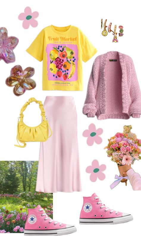 Spring Theme Outfit, Colorful Hippie Outfits, Flowercore Outfit, Fun Colorful Outfits, Cottage Core Fashion Aesthetic, Core Fashion Aesthetic, Pink And Yellow Outfit, Strawberry Shortcake Berry Bitty Adventures, Colorful Aesthetic Outfits