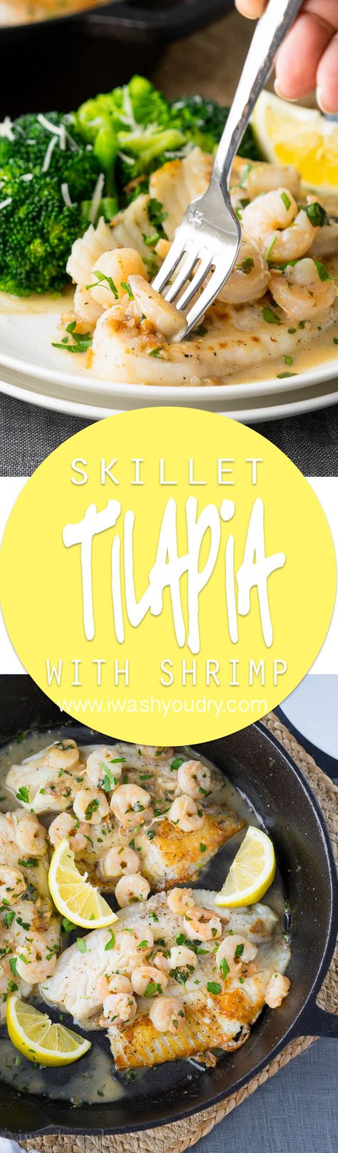 This quick and easy Skillet Tilapia with Shrimp is made in just one skillet and have an outrageously good white wine lemon pan sauce! My whole family loved this! Skillet Tilapia, Fish Tilapia, Shrimp Meals, Tilapia Fish, Recipes Fish, Pan Sauce, Tilapia Recipes, Easy Skillet, One Skillet