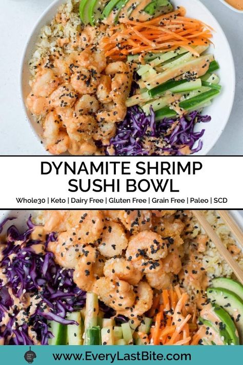 Paleo Shrimp Bowl, Sushi Recipes Bowl, Cauliflower Poke Bowl, Whole 30 Poke Bowl, Non Fish Sushi Recipes, Gluten Free Bowl Recipes, Cooked Sushi Bowl, Shrimp Grain Bowl, Gluten Free Grain Bowls