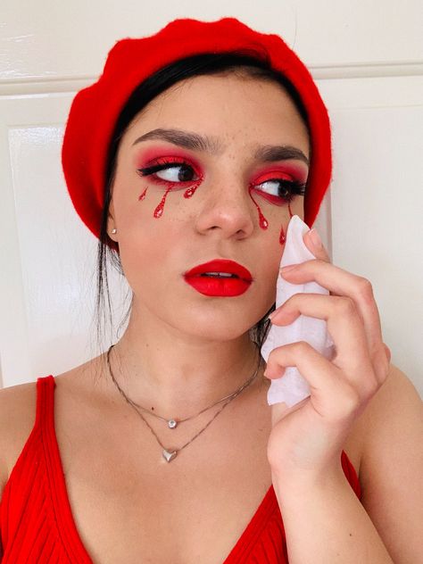 Red Tears Makeup, Tears Makeup, Red Makeup Looks, Blood Tears, Cry Me A River, Self Thought, Makeup Board, Red Makeup, Glitter Makeup