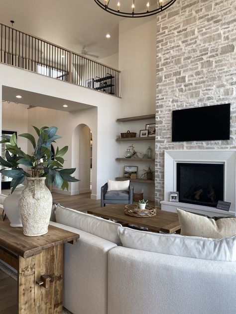 Fireplace Two Story Living Room, High Ceiling Living Room Decor, 12 Foot Ceilings Living Room, High Ceiling Fireplace Wall, Fireplace Tall Ceilings, Tall Fireplace Wall High Ceilings, Fireplace High Ceiling, 2 Story Fireplace, Tall Ceiling Living Room