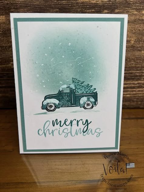 Trucking Along For A Easy Gift Card Holder. #GiftCardHolder #FrenchieStamps #StampinUp #StampinUpGiftCertificate #TruckingAlong Truck Cards, Christmas Cards 2017, Create Christmas Cards, Gift Cards Money, Hand Made Greeting Cards, Homemade Christmas Cards, Stampin Up Christmas Cards, 2024 Christmas, Christmas Gift Card