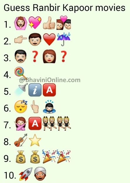 Whatsapp Puzzles: Guess The Ranbir Kapoor Movie Names From Emoticons and Smileys – BhaviniOnline.com Biscuit Names, Varun Dhawan Movies, Guess The Emoji Answers, Katrina Kaif Movies, Emoji Answers, Guess The Emoji, Emoji Puzzle, Playbuzz Quizzes, Emoji Quiz