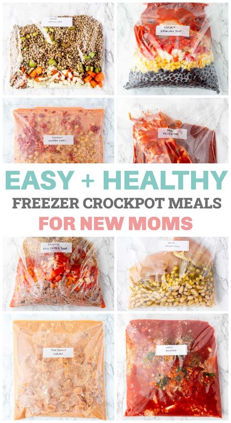 These healthy crockpot freezer meals are so handy for new moms looking for healthy meals that they can prep ahead of time before the arrival of a new baby. The best part is, no pre-cooking is required so you can simply prep the meals, freeze and then dump them into the slow cooker for a whole selection of delicious freezer meals. So easy and perfect for busy families! Healthy Crockpot Freezer Meals, Pregnancy Freezer Meals, Freeze Meals, Freezer Meals For New Moms, Crockpot Freezer Meals, Meals For New Moms, Freezer Crockpot Meals Healthy, Freezer Dinners, Slow Cooker Freezer Meals