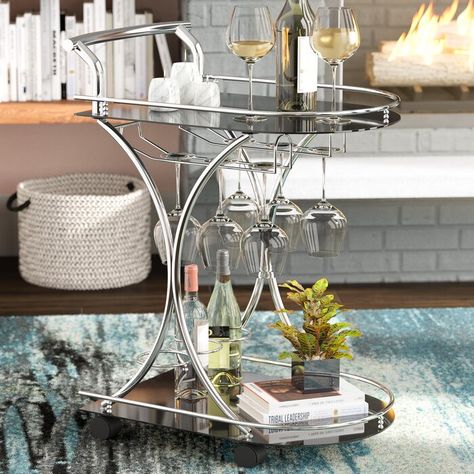 Ebern Designs Baumbach Bar Cart & Reviews | Wayfair Wine Cart, Wine Glass Storage, Bar Serving Cart, Modern Bar Cart, Metal Bar Cart, Gold Bar Cart, Glass Bar Cart, Serving Cart, Wine Glass Rack