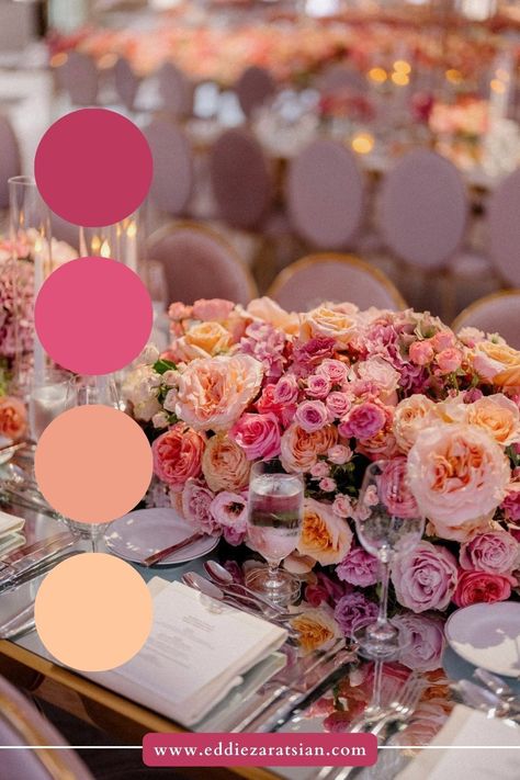 Explore the romance and drama of a sunset-inspired wedding color scheme, featuring deep pinks, oranges, hints of purple, and delicate shades of blush, coral, and peach. Click through for floral arrangement ideas and Eddie Zaratsian's expert event design tips. Rose Colored Wedding Theme, Peach And Pink Decor, Color Ideas For Weddings Colour Palettes, Summer Time Wedding Colors, Peach Decorations Wedding, Pink Wedding Palette Colour Schemes, Different Shades Of Pink Wedding Theme, Wedding Shades Of Pink, Pink Orange Floral Arrangements