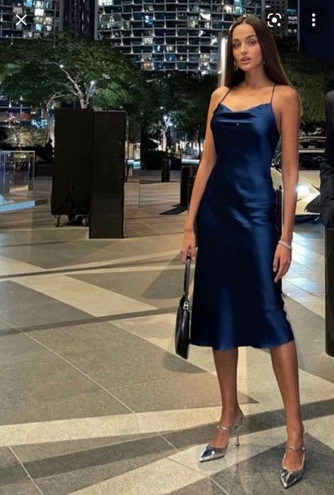 Semi Formal Dresses Dark Blue, Long Grade 8 Grad Dresses, Deep Blue Silk Dress, Navy Blue Satin Dress Short, Navy Blue Slip Dress Outfit, Satin Navy Dress, Dark Blue Fashion Aesthetic, Blue Silk Dress Outfit, Blue Slip Dress Outfit