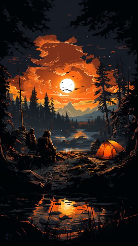 retro_80s_style_camping_in_the_forest Camping Wallpaper Iphone, Camp Wallpaper, Camping Wall Art, Lup Singuratic, Camping Wallpaper, Forest Camping, Forest Camp, Vw Art, Amoled Wallpapers