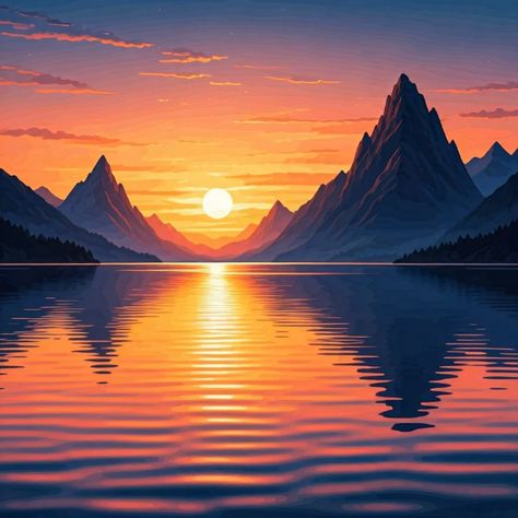 Sunset Landscape Painting - Creativity Without Borders Sun And Mountain Painting, Sunset Over Mountains, Sunset Landscape Painting, Landscape Painting Watercolor, Beautiful Gradient, Sun Setting, Lake Art, Without Borders, Watercolor Images